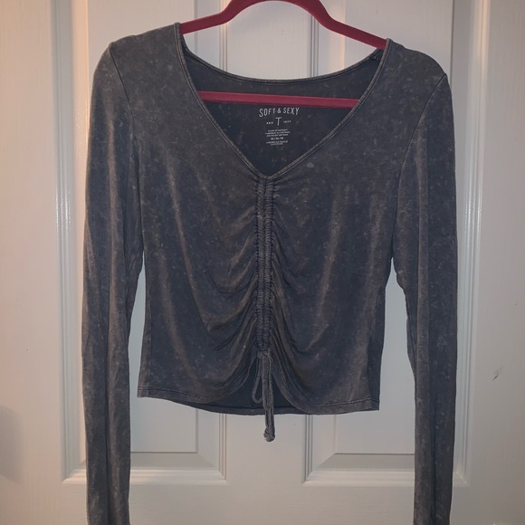 Long sleeve acid wash cinch top - Picture 1 of 2